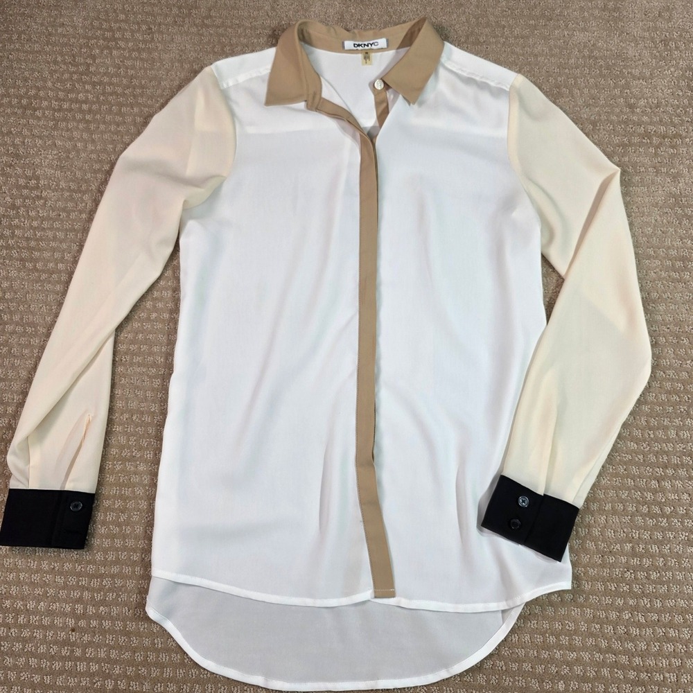 DKNYC Button Down Blouse XS White Tan Black Colorblock Hidden Button Shirt